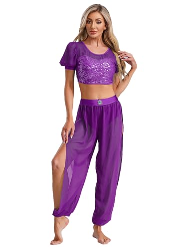 FEESHOW Damen Araber Prinzessin Kostüm Pailletten Crop Top Hose Set Märchen Cosplay Halloween Fasching Kostüm Party Tanzanzug Violett L FEESHOW Damen Araber Prinzessin Kostüm Pailletten Crop Top Hose Set Märchen Cosplay Halloween Fasching Kostüm Party Tanzanzug Violett L von FEESHOW
