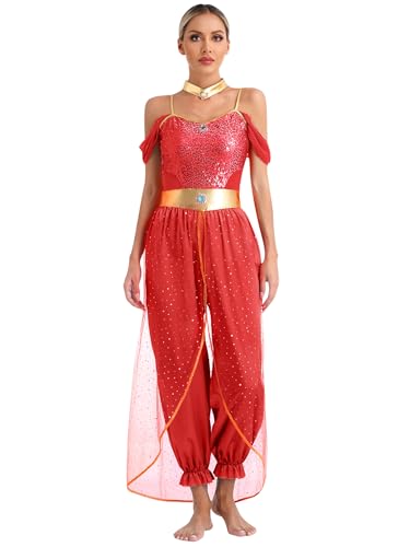 FEESHOW Damen Arabische Prinzessin Kostüm Fasching Halloween Araberin Tänzerin Orientalische Kleidung Märchen Party Cosplay Verkleidung Rot 4XL von FEESHOW