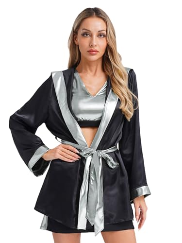 FEESHOW Damen Boxer Kostüm Boxermantel Robe Tank Top Und Minirock Set Sportler Wettkämpfe Faschingskostüme Schwarz & Silber M von FEESHOW