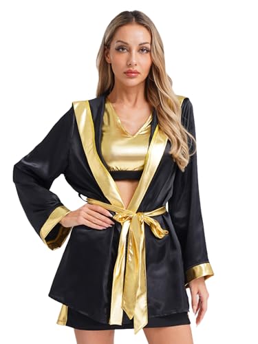 FEESHOW Damen Boxer Kostüm Boxermantel Robe Tank Top Und Minirock Set Sportler Wettkämpfe Faschingskostüme Schwarzes Gold XXL FEESHOW Damen Boxer Kostüm Boxermantel Robe Tank Top Und Minirock Set Sportler Wettkämpfe Faschingskostüme Schwarzes Gold XXL von FEESHOW