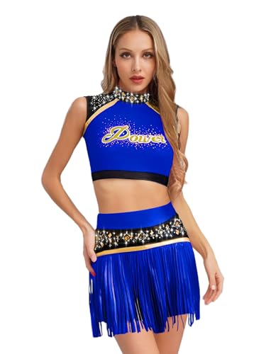 FEESHOW Damen Cheer Leader Kostüm Halloween Karneval Glitzer Crop Tank Top Fransen Hosenrock Tanz Trainingsanzug Königsblau S FEESHOW Damen Cheer Leader Kostüm Halloween Karneval Glitzer Crop Tank Top Fransen Hosenrock Tanz Trainingsanzug Königsblau S von FEESHOW