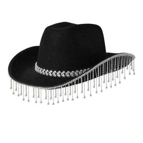 FEESHOW Damen Cowboy Hut Mit Glitzer Strasssteinen-Fransen Cowgirl Hut Breite Krempe Party Halloween Karneval Kopfbedeckung Schwarz Einheitsgröße FEESHOW Damen Cowboy Hut Mit Glitzer Strasssteinen-Fransen Cowgirl Hut Breite Krempe Party Halloween Karneval Kopfbedeckung Schwarz Einheitsgröße von FEESHOW