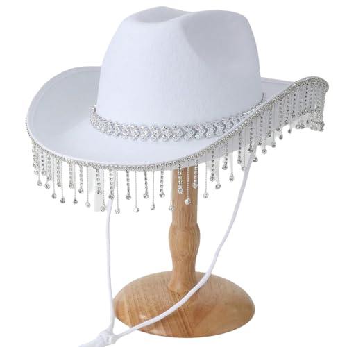 FEESHOW Damen Cowboy Hut Mit Glitzer Strasssteinen-Fransen Cowgirl Hut Breite Krempe Party Halloween Karneval Kopfbedeckung Weiß Einheitsgröße FEESHOW Damen Cowboy Hut Mit Glitzer Strasssteinen-Fransen Cowgirl Hut Breite Krempe Party Halloween Karneval Kopfbedeckung Weiß Einheitsgröße von FEESHOW