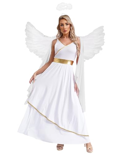 FEESHOW Damen Engel Kleid Kostüm Mit Flügel Heiligenschein Haarreif Set Erwachsene Kostüm Für Fasching Halloween Cosplay Party Weiß M von FEESHOW