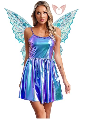 FEESHOW Damen Fee Kostüm Schmetterling Flügel Fee Ohren Metallic Holographic Mini Kleid Set Fasching Karneval Kostüm Party Outfit Blau XL FEESHOW Damen Fee Kostüm Schmetterling Flügel Fee Ohren Metallic Holographic Mini Kleid Set Fasching Karneval Kostüm Party Outfit Blau XL von FEESHOW