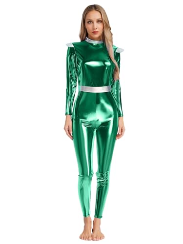 FEESHOW Damen Kostüm Alien Body Silber Metallic Astronaut Overall Halloween Karneval Cosplay Ganzkörperanzug Grün S von FEESHOW