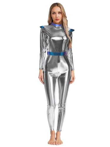 FEESHOW Damen Kostüm Alien Body Silber Metallic Astronaut Overall Halloween Karneval Cosplay Ganzkörperanzug Silber XL von FEESHOW