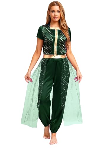 FEESHOW Damen Kostüm Arabische Prinzessin Pailletten Metallic Jumpsuit Tüll Überzug Bauchtanz Hose Karneval Kostüm Mottoparty Outfit Grün S von FEESHOW