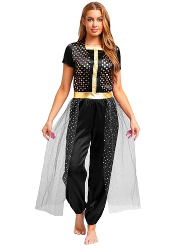 FEESHOW Damen Kostüm Arabische Prinzessin Pailletten Metallic Jumpsuit Tüll Überzug Bauchtanz Hose Karneval Kostüm Mottoparty Outfit Schwarz M von FEESHOW