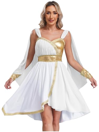 FEESHOW Damen Kostüm Athena Griechische Göttin Kleid Mit Umhang Cape Griechen Römerin Ägypten Kostüm Karneval Halloween Weiß XL von FEESHOW