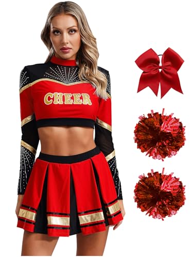 FEESHOW Damen Kostüm Cheer Leader Cheerleading Rock Langarm Crop Top Pompoms Socken Haarschmuck Set Für Fasching Halloween Party Rot M FEESHOW Damen Kostüm Cheer Leader Cheerleading Rock Langarm Crop Top Pompoms Socken Haarschmuck Set Für Fasching Halloween Party Rot M von FEESHOW