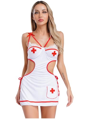 FEESHOW Damen Kostüm Krankenschwester Kleid Karneval Halloween Fasching Arzthelferin Pflegeuniformen Cosplay Minikleid Weiß M von FEESHOW
