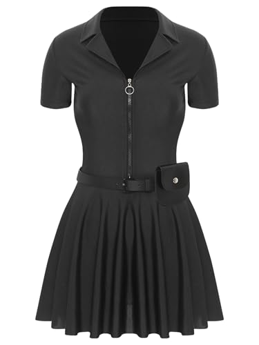FEESHOW Damen Kostüm Polizistin Uniform Kleid Gürtel Set Halloween Fasching Kostüm Polizei Wachtmeister Cosplay Party Outfit Schwarz XXL von FEESHOW
