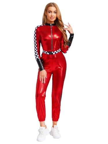 FEESHOW Damen Kostüm Rennfahrer Overall Metallic Patchwork Jumpsuit Slim Fit Halloween Faschingskostüme Formel 1 Racegirl Outfit Rot M FEESHOW Damen Kostüm Rennfahrer Overall Metallic Patchwork Jumpsuit Slim Fit Halloween Faschingskostüme Formel 1 Racegirl Outfit Rot M von FEESHOW