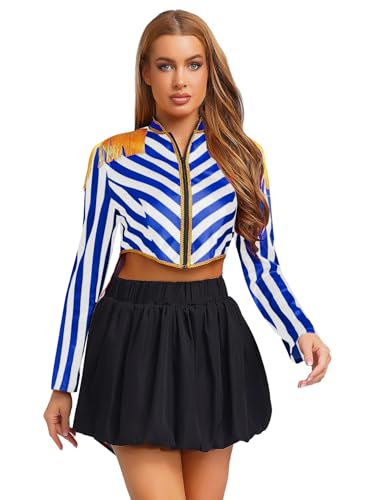 FEESHOW Damen Kostüm Zirkus Ringmaster Uniform Gestreifter Frack Quasteb Epaulette Mantel Halloween Karneval Kostüm Blau&Weiß M von FEESHOW