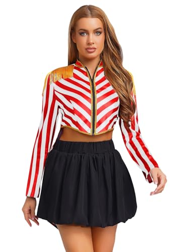 FEESHOW Damen Kostüm Zirkus Ringmaster Uniform Gestreifter Frack Quasteb Epaulette Mantel Halloween Karneval Kostüm Weiß&Rot M von FEESHOW