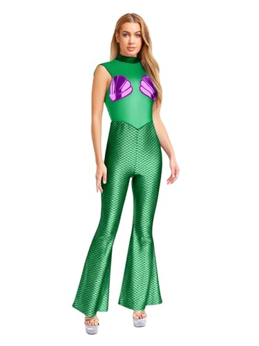 FEESHOW Damen Meerjungfrau Kostüm Body Metallic Fischschuppen Overall Schlaghose Fasching Party Festival Outfit Bühnenkostüm Grün 3XL von FEESHOW