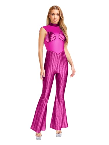 FEESHOW Damen Meerjungfrau Kostüm Body Metallic Fischschuppen Overall Schlaghose Fasching Party Festival Outfit Bühnenkostüm Pink L von FEESHOW