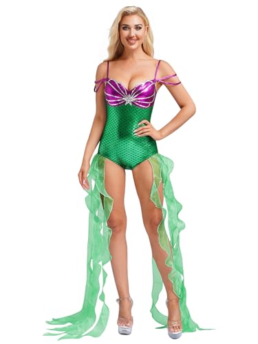 FEESHOW Damen Meerjungfrau Kostüm Body Pailletten Metallic Schuppendruck Tanzbody Mit Rüschen Karneval Bühnenkostüm Beachwear Grün S von FEESHOW
