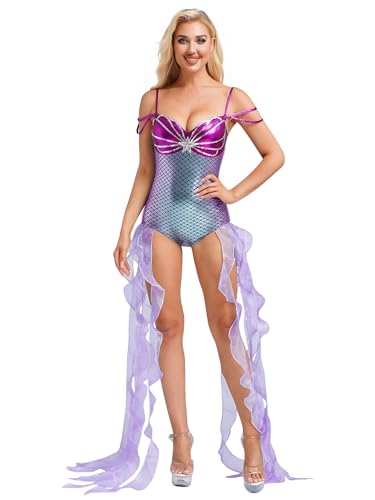 FEESHOW Damen Meerjungfrau Kostüm Body Pailletten Metallic Schuppendruck Tanzbody Mit Rüschen Karneval Bühnenkostüm Beachwear Violett M von FEESHOW