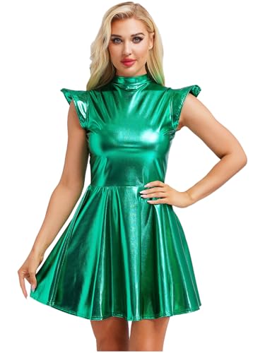 FEESHOW Damen Metallic Kleid Glänzende Minikleid A-Linie Glitzer Partykleid Tanzkleid Disco Karnevalskostüm Rave Festival Clubwear Grün XXL FEESHOW Damen Metallic Kleid Glänzende Minikleid A-Linie Glitzer Partykleid Tanzkleid Disco Karnevalskostüm Rave Festival Clubwear Grün XXL von FEESHOW