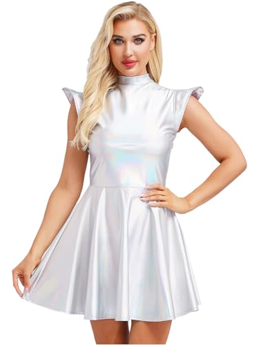 FEESHOW Damen Metallic Kleid Glänzende Minikleid A-Linie Glitzer Partykleid Tanzkleid Disco Karnevalskostüm Rave Festival Clubwear Holografisch M FEESHOW Damen Metallic Kleid Glänzende Minikleid A-Linie Glitzer Partykleid Tanzkleid Disco Karnevalskostüm Rave Festival Clubwear Holografisch M von FEESHOW