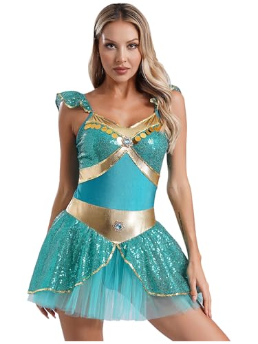 FEESHOW Damen Orient Arabische Prinzessin Kostüm Kleid Pailletten Tanzkleid Ballett Trikot Tutu Rock Fasching Halloween Kostüm Party Verkleidung Türkis L von FEESHOW