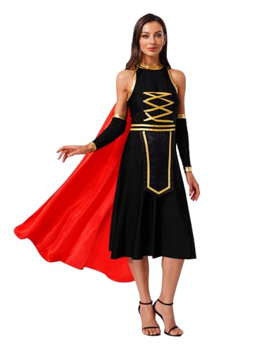 FEESHOW Damen Römische Kriegerin Kostüm Antike Heldin Kleid Mit Umhang Arm Stulpen Fasching Karneval Party Outfit Schwarz XXL FEESHOW Damen Römische Kriegerin Kostüm Antike Heldin Kleid Mit Umhang Arm Stulpen Fasching Karneval Party Outfit Schwarz XXL von FEESHOW