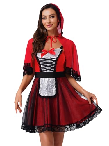 FEESHOW Damen Rotkäppchen Kostüm Kleid Und Rotkäppchen Umhang Mit Kapuze Halloween Fasching Kostüm Cosplay Party Outfit Rot L von FEESHOW