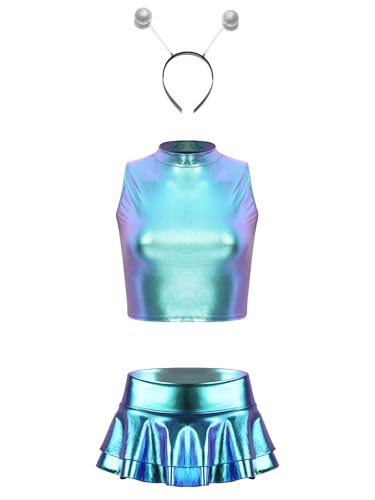 FEESHOW Damen Space Kostüm Alien Haarreif Metallic Shirt Glänzend Skater Rock Set Fasching Karneval Kostüm Mottoparty Nachtclub Outfit Blau XXL von FEESHOW