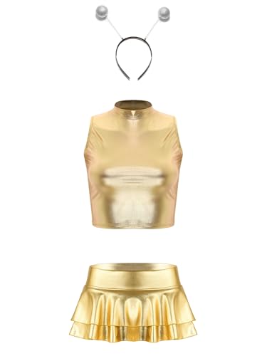 FEESHOW Damen Space Kostüm Alien Haarreif Metallic Shirt Glänzend Skater Rock Set Fasching Karneval Kostüm Mottoparty Nachtclub Outfit Gold XXL von FEESHOW