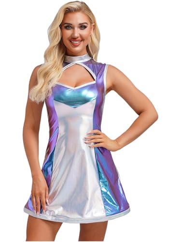 FEESHOW Damen Weltall Kostüm Space Girl Glänzend Holograpfisch Metallic Kleid Erwachsene Halloween Faschingskostüme Mottoparty Outfit Blau L von FEESHOW