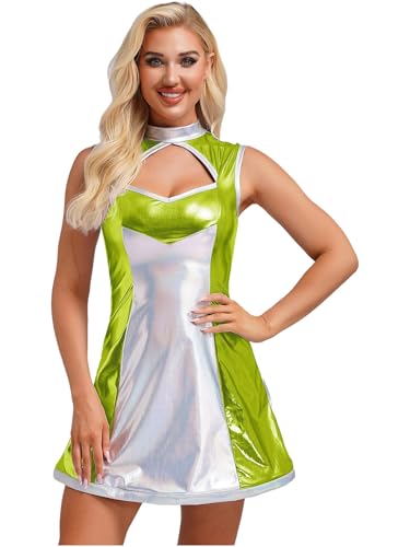 FEESHOW Damen Weltall Kostüm Space Girl Glänzend Holograpfisch Metallic Kleid Erwachsene Halloween Faschingskostüme Mottoparty Outfit Neongrün XL von FEESHOW