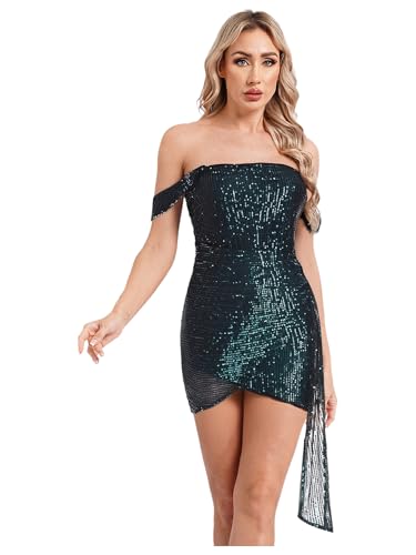 FEESHOW Erwachsene Damen Brautjungfer Partygown Feierlichkeitsoutfit Off-Shoulder Glitzerndes Bodycon-Prom- Und Heimkehrfeier-Minikleid Schönheitswettbewerb Dark Green XL von FEESHOW