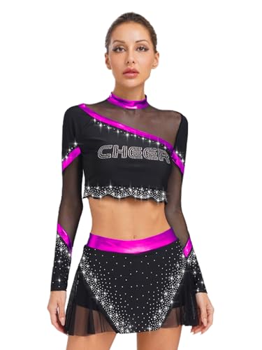 FEESHOW Frauen Cheer Leader Kostüm Halloween Karneval Langarm Strass Mesh Crop Top Minirock Glitzer Tanzkostüm Violett XXL FEESHOW Frauen Cheer Leader Kostüm Halloween Karneval Langarm Strass Mesh Crop Top Minirock Glitzer Tanzkostüm Violett XXL von FEESHOW