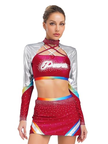 FEESHOW Frauen Cheer Leader Kostüm Halloween Karneval Langarm Strass Metallic Crop Top Minirock Glitzer Tanzkostüm Burgundy XXL FEESHOW Frauen Cheer Leader Kostüm Halloween Karneval Langarm Strass Metallic Crop Top Minirock Glitzer Tanzkostüm Burgundy XXL von FEESHOW