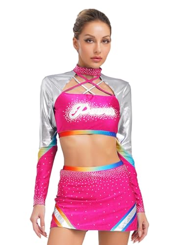 FEESHOW Frauen Cheer Leader Kostüm Halloween Karneval Langarm Strass Metallic Crop Top Minirock Glitzer Tanzkostüm Hotpink XXL FEESHOW Frauen Cheer Leader Kostüm Halloween Karneval Langarm Strass Metallic Crop Top Minirock Glitzer Tanzkostüm Hotpink XXL von FEESHOW