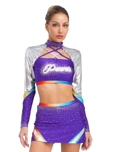 FEESHOW Frauen Cheer Leader Kostüm Halloween Karneval Langarm Strass Metallic Crop Top Minirock Glitzer Tanzkostüm Violett M FEESHOW Frauen Cheer Leader Kostüm Halloween Karneval Langarm Strass Metallic Crop Top Minirock Glitzer Tanzkostüm Violett M von FEESHOW