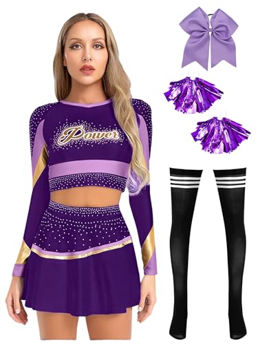 FEESHOW Frauen Cheer Leader Kostüm Halloween Karneval Langarm Top Rock Cheerleading Pom Poms Socken Haargummi Set Violett M von FEESHOW