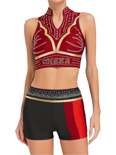 FEESHOW Frauen Cheer Leader Kostüm Halloween Karneval Strass Crop Top Shorts Set Glitzer 80 90er Gymnastik Trainingsanzug Burgundy XXL FEESHOW Frauen Cheer Leader Kostüm Halloween Karneval Strass Crop Top Shorts Set Glitzer 80 90er Gymnastik Trainingsanzug Burgundy XXL von FEESHOW