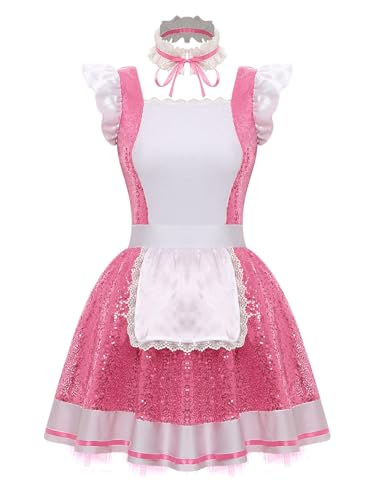 FEESHOW Frauenkostüm Dienstmädchen Cosplay Anime Maid Kleid Glitzer Tütü Schürze Halsband Set Halloween Karneval Kostüm Rosa XL von FEESHOW