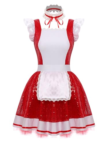 FEESHOW Frauenkostüm Dienstmädchen Cosplay Anime Maid Kleid Glitzer Tütü Schürze Halsband Set Halloween Karneval Kostüm Rot L von FEESHOW