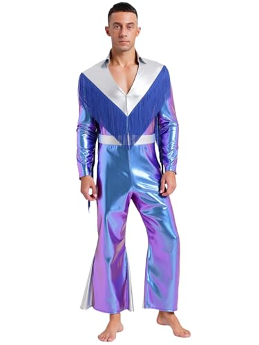 FEESHOW Herren 70er 80er Jahre Disco Anzug Glitzer Hippie Outfit Metallic Overall Quasten Ausgestellte Hose Fasching Kostüm Party Festival von FEESHOW