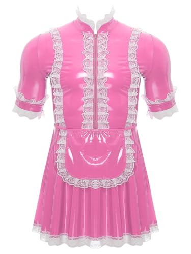 FEESHOW Herren Dienstmädchen Kostüm Sissy Lack Kleid Karneval Halloween Männer Putzfrau Kostüm Party Junggesellenabschied Outfit Rosa XL von FEESHOW