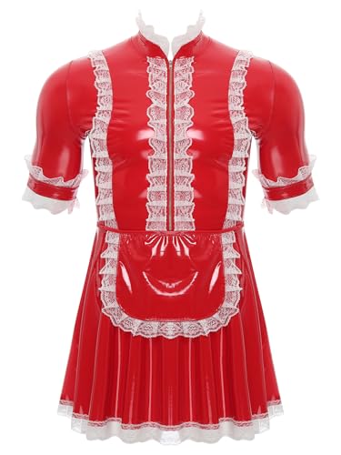 FEESHOW Herren Dienstmädchen Kostüm Sissy Lack Kleid Karneval Halloween Männer Putzfrau Kostüm Party Junggesellenabschied Outfit Rot 3XL von FEESHOW