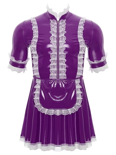 FEESHOW Herren Dienstmädchen Kostüm Sissy Lack Kleid Karneval Halloween Männer Putzfrau Kostüm Party Junggesellenabschied Outfit Violett XL von FEESHOW