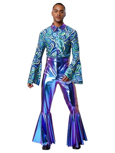 FEESHOW Herren Glitzer 70er 80er Jahre Disco Hippie Outfit Metallic Bedruckte Overall Ausgestellte Hose Fasching Kostüm Party Festival von FEESHOW