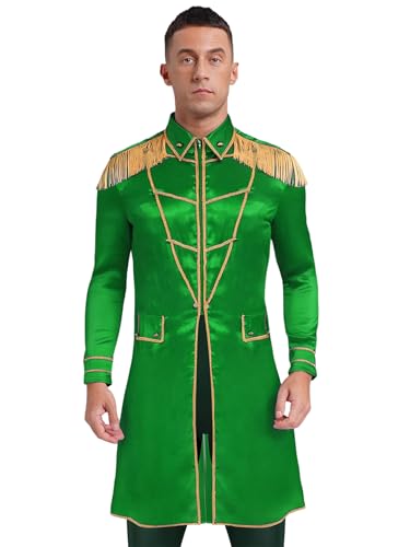 FEESHOW Herren Kostüm Frack Parade Jacke mit Fransen Epaulette Zirkusdirektor Kostüm Gothic Fasching Rockstar Gardeuniform Grün L von FEESHOW
