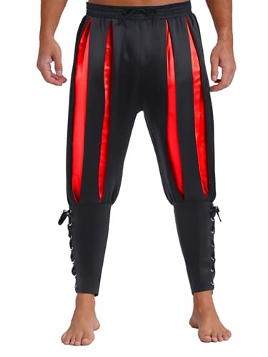 FEESHOW Herren Piratenhose Kostüm Farbblock Streifen Schnürhose Mittelalter Renaissance Wikinger Kostüm Steampunk Rot L von FEESHOW
