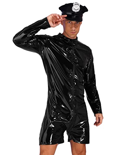 FEESHOW Herren Sexy Polizist Uniform Kostüm Lackleder Bodysuit Overall Polizeihut Set Flirt Fasching Kostüm Maskerade Cosplay Clubwear A_Schwarz 4XL von FEESHOW